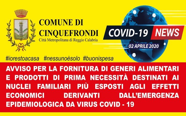 Coronavirus - Avviso Fornitura Generi Alimentari - Istanze dal 6 aprile 2020to Contagio 