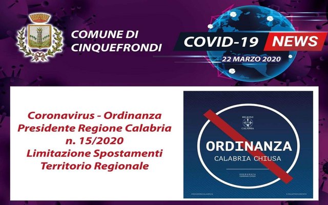 Coronavirus - Ordinanza Presidente Regione Calabria  n. 15/2020 - Limitazione Spostamenti Territorio Regionale